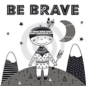 Brave tribal boy in Scandinavian style. Poster,childish print, card