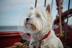 Brave white dog travels on big ship. Generate Ai