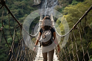 a brave woman  wearing a backpack crossing a hanging bridge over a river in the jungle of the amazon