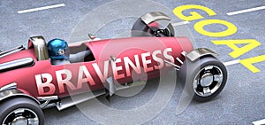 Braveness helps reaching goals, pictured as a race car with a phrase Braveness on a track as a metaphor of Braveness playing vital