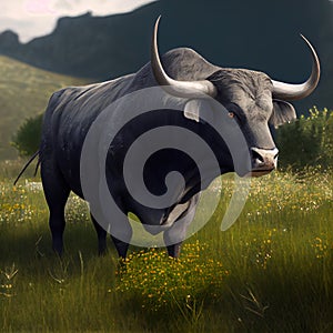 Bravo Spanish breed bull grazing free in the wild pasture - Generate Artificial Intelligence-AI
