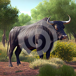 Bravo Spanish breed bull grazing free in the wild pasture - Generate Artificial Intelligence-AI