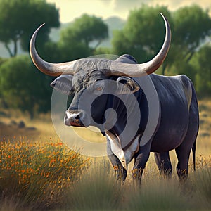 Bravo Spanish breed bull grazing free in the wild pasture - Generate Artificial Intelligence-AI photo