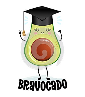 Bravocado bravo avocado kawaii character design with graduation hat on white background.