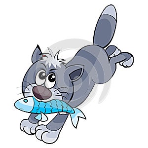 Brazen gray cat stole a fish and runs away with it, cartoon illustration, isolated object on white background, vector