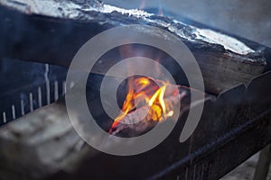 Brazier chargrill, burning firewood, smoke, hot flame of fire on river shore natural background