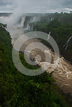 Brazil, America, Iguazu falls. Beautiful famous waterfall. Landscape with a view of the water jet. Seventh wonder of the world