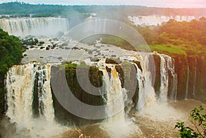 Brazil, America, Iguazu falls. Beautiful famous waterfall. Landscape with a view of the water jet. Seventh wonder of the world