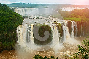 Brazil, America, Iguazu falls. Beautiful famous waterfall. Landscape with a view of the water jet. Seventh wonder of the world