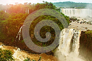 Brazil, America, Iguazu falls. Beautiful famous waterfall. Landscape with a view of the water jet. Seventh wonder of the world