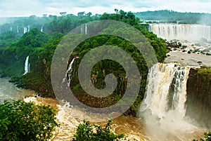 Brazil, America, Iguazu falls. Beautiful famous waterfall. Landscape with a view of the water jet. Seventh wonder of the world