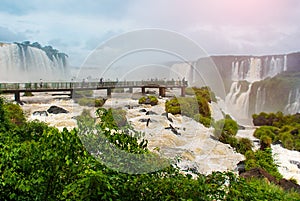 Brazil, America, Iguazu falls. Beautiful famous waterfall. Landscape with a view of the water jet. Seventh wonder of the world