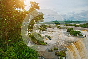 Brazil, America, Iguazu falls. Beautiful famous waterfall. Landscape with a view of the water jet. Seventh wonder of the world