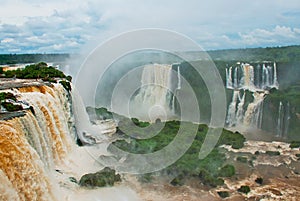 Brazil, America, Iguazu falls. Beautiful famous waterfall. Landscape with a view of the water jet. Seventh wonder of the world