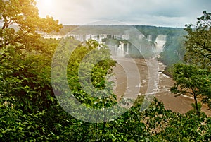 Brazil, America, Iguazu falls. Beautiful famous waterfall. Landscape with a view of the water jet. Seventh wonder of the world