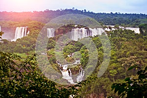 Brazil, America, Iguazu falls. Beautiful famous waterfall. Landscape with a view of the water jet. Seventh wonder of the world