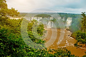 Brazil, America, Iguazu falls. Beautiful famous waterfall. Landscape with a view of the water jet. Seventh wonder of the world