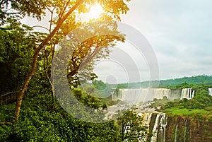 Brazil, America, Iguazu falls. Beautiful famous waterfall. Landscape with a view of the water jet. Seventh wonder of the world