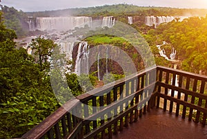 Brazil, America, Iguazu falls. Beautiful famous waterfall. Landscape with a view of the water jet. Seventh wonder of the world