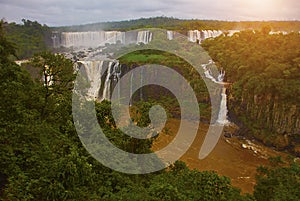 Brazil, America, Iguazu falls. Beautiful famous waterfall. Landscape with a view of the water jet. Seventh wonder of the world