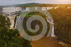 Brazil, America, Iguazu falls. Beautiful famous waterfall. Landscape with a view of the water jet. Seventh wonder of the world