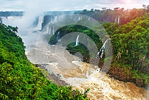 Brazil, America, Iguazu falls. World-famous and popular among tourists waterfall. Seventh wonder of the world