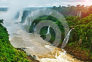 Brazil, America, Iguazu falls. World-famous and popular among tourists waterfall. Seventh wonder of the world