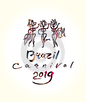 Brazil Carnival 2019 Art logo. Handwritten inscription and beautiful samba dancers in feathers. photo