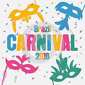 Brazil carnival background with carnaval masks and color confetti. Festive holiday banner. Vector.