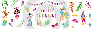 Brazil Carnival Festive Banner with Dancing Characters Woman and Man in Traditional Costumes. Brazilian Samba Dancers photo