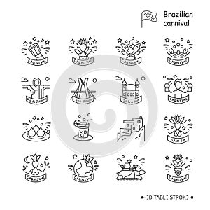 Brazil carnival line icons set. Editable