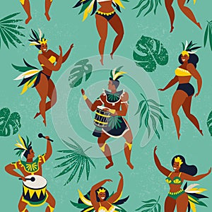 Brazil carnival. Vector seamless pattern with flat characters. Brazilian samba dancers of the carnival in Rio de Janeiro