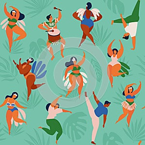 Brazil carnival. Vector seamless pattern with flat characters. Brazilian samba dancers of the carnival in Rio de Janeiro. Girls an