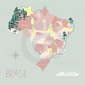 Brazil cartoon travel map vector illustration with landmarks, cities, roadmap. Infographic concept shape template design with