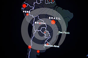 Brazil. Coronavirus COVID-19 global cases Map. Red Dot showing the number of infected. Johns Hopkins University map on monitor