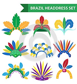 Brazil Feather Headband Headdress icons flat style. Headpiece Carnival, Samba Festival headwear. Isolated on white