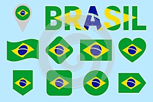 Brazil flag collection. Vector Brazilian flags set. Flat isolated icons with state name. Traditional colors. Web, sports