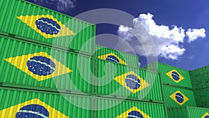 Brazil flag containers are located at the container terminal. Concept for Brazil import and export. 3d rendering