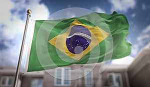 Brazil Flag 3D Rendering on Blue Sky Building Background photo