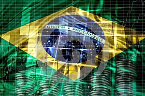 Brazil flag, economic and financial indicators chart, exchange rate variation, stock market crisis