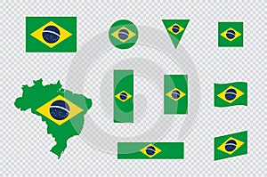 Brazil Flag Flat Icon Different Shapes Map Vector Set