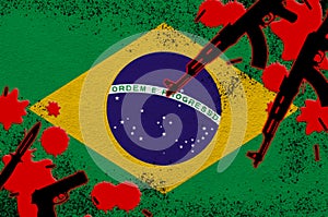 Brazil flag and guns in red blood. Concept for terror attack and military operations