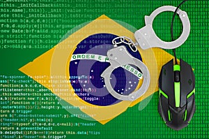 Brazil flag and handcuffed computer mouse. Combating computer crime, hackers and piracy photo