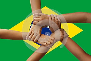 Brazil flag, intergration of a multicultural group of young people