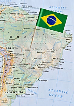 Brazil flag pin on map