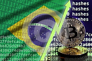 Brazil flag and rising green arrow on bitcoin mining screen and two physical golden bitcoins photo