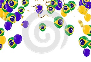 Brazil flags and Brazil balloons garland with confetti on white