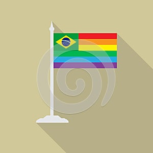 Brazil gay pride flag with flagpole flat icon with long shadowt. LGBT community flag.