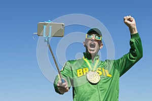 Brazil Gold Medal Athlete Taking Selfie with Selfie Stick