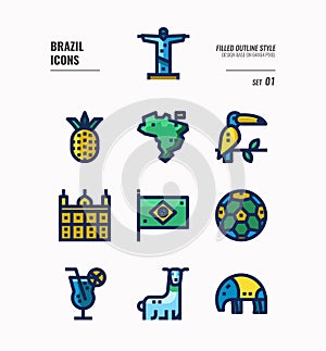 Brazil icon set 1. Include map, Brazil landmark, animal, football and more.